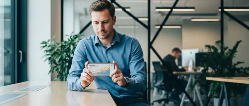 Persoon bekijkt beleggingsresultaten op een mobiele banking-app in een modern kantoor