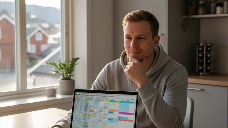 Elektriker i Trondheim planlegger skiftarbeid hjemme med laptop og morgenkaffe