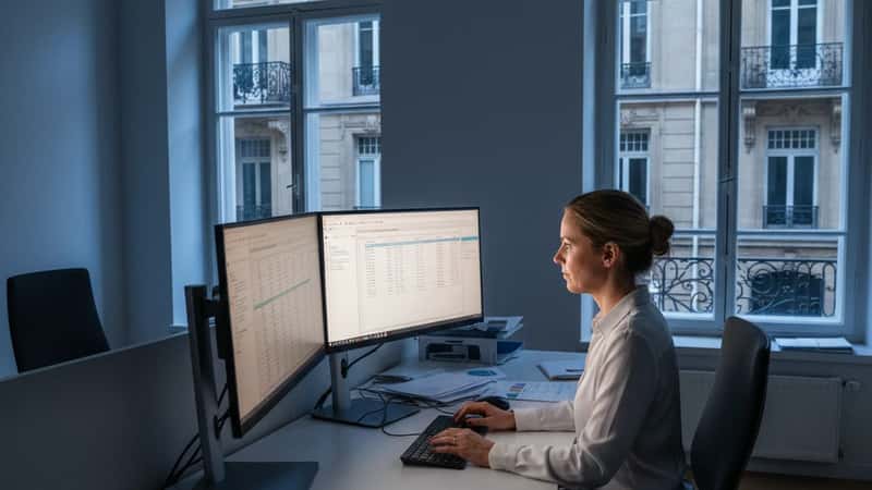 HR-specialist på statlig myndighet i Göteborg analyserar lönestatistik och pensionsberäkningar på dubbla skärmar i kvällsbelyst kontorslandskap