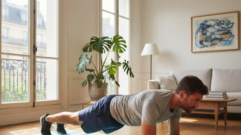 Homme français pratiquant une planche (plank) sur tapis de yoga dans un appartement parisien lumineux, lumière estivale matinale