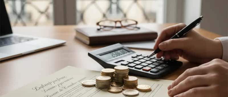 Document juridique français avec pièces en euros et calculatrice sur un bureau, représentant les frais de succession