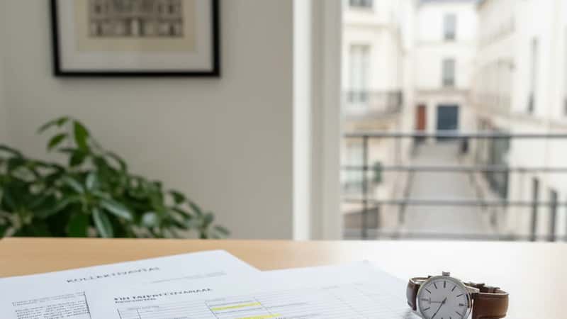 Tryckt tågschema med markerade skifttider och ett kollektivavtal bredvid kaffekrus i administrativt kontor