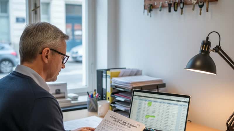 HR-chef vid skrivbord på åkerikontor i Göteborg med kollektivavtalspärm och lönekalkyl på laptop