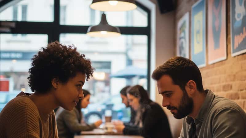 Deux amies françaises dans un café lyonnais — l'une écoute attentivement pendant que l'autre parle de sa souffrance, moment rare et précieux de la conversation sur la santé mentale