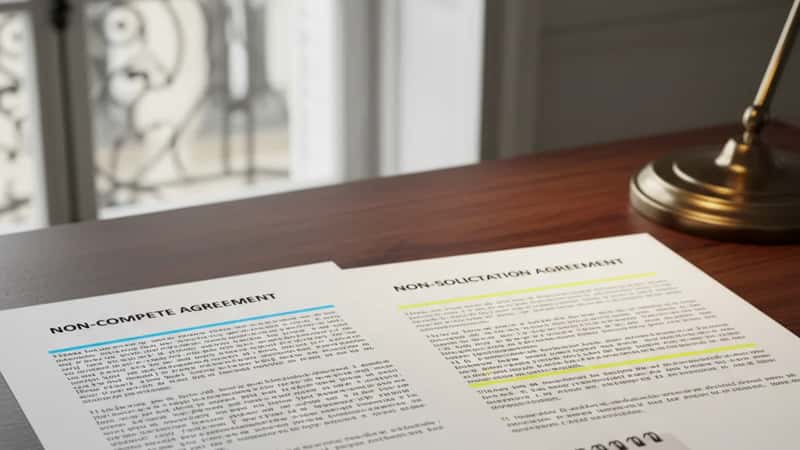 Two employment agreement documents side by side — Non-Compete and Non-Solicitation — highlighted in different colors with a one-year timeline marked on a notepad below
