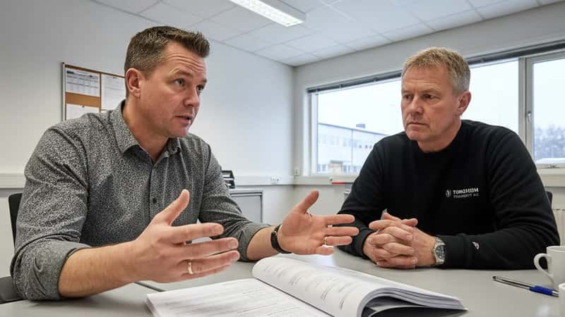 Fagforeningsrepresentant forklarer oppsigelsesvern til lastebilsjåfør i møterom i Trondheim
