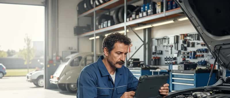 Tecnico auto utilizza strumento diagnostico collegato al motore in un'officina attrezzata