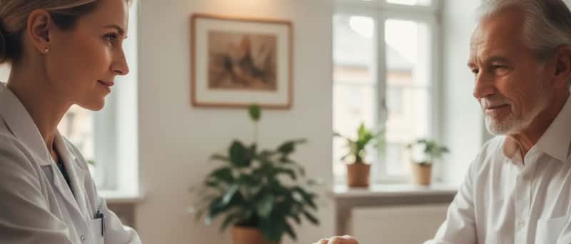 Hände eines älteren Patienten werden von einer Geriaterin in einer Klinik untersucht