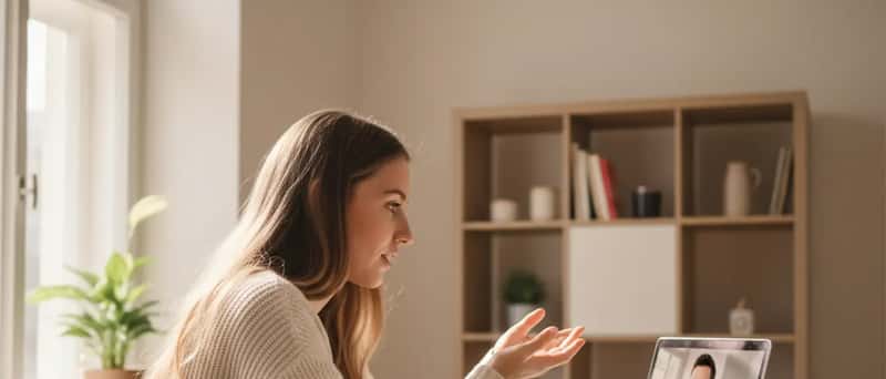 Junge Österreicherin bei einer telemedizinischen Beratung am Laptop in ihrer Wiener Küche