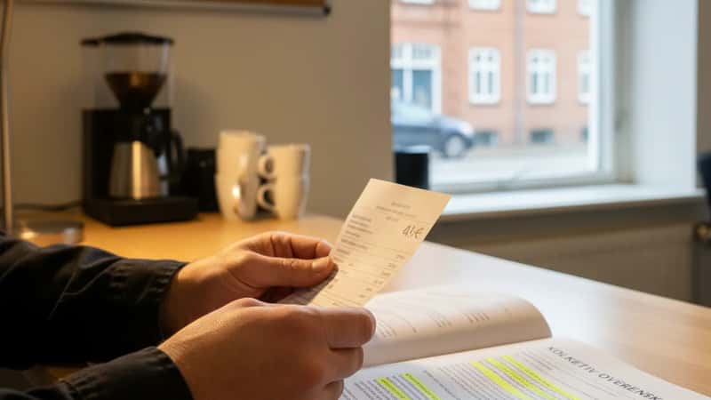 Nærbillede af faglig overenskomst og 3F-kort på et skrivebordet i Odense