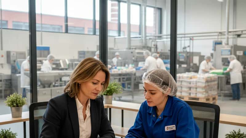 Responsable RH présentant un contrat de travail à une salariée de production dans un bureau attenant à une usine agroalimentaire