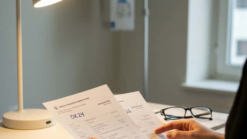 Nærbillede: OK24 og OK26 løndokumenter sammenlignes side om side på et hospitalsskrivebord i Aarhus