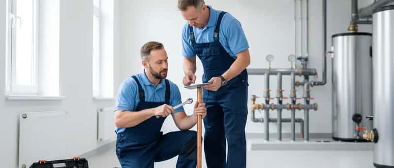 Plombier français en bleu de travail réparant un raccord de tuyauterie sous un évier de cuisine