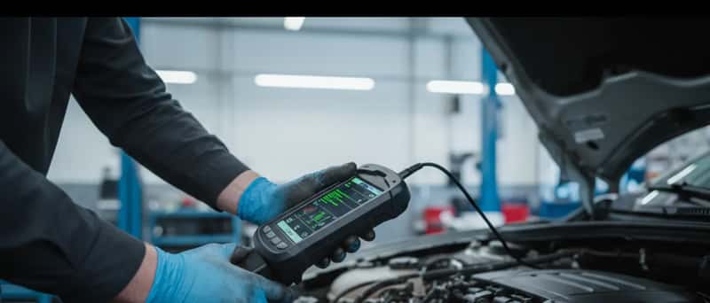 Bilmekaniker bruger elektronisk diagnoseudstyr til fejlfinding på en bilmotor i et dansk autoværksted