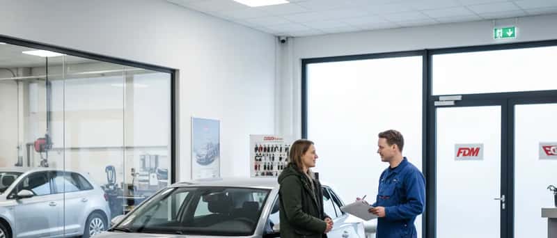 Dansk bilejer i samtale med bilmekaniker om prisoverslag ved autoværkstedets reception