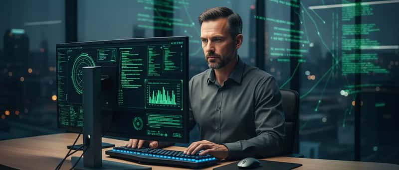 Cybersikkerhedsspecialist analyserer trusselsdata på en computerskærm i et skandinavisk kontor