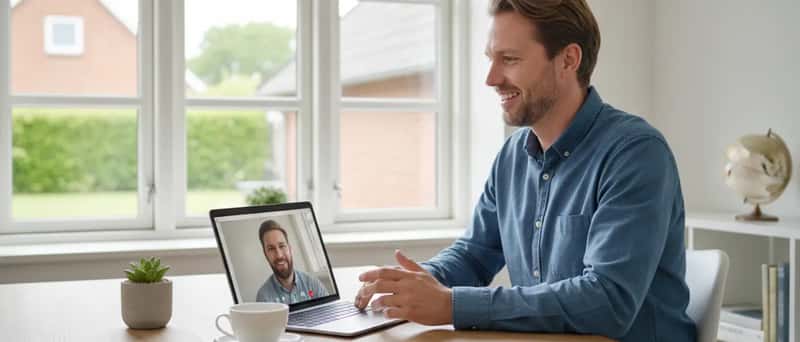 Virksomhedsejer modtager fjern IT-support via videoopkald på en bærbar computer i et lyst dansk hjemmekontor