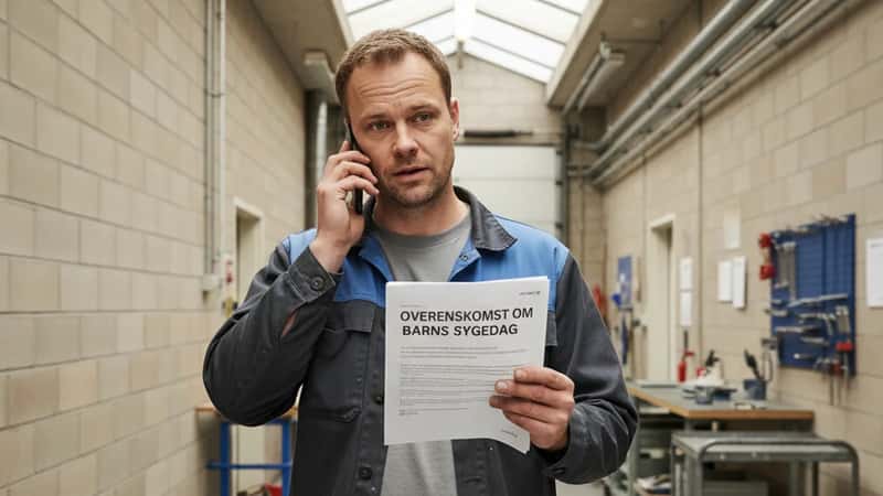 Kommunal specialarbejder i Svendborg holder telefon med overenskomsttekst om barns sygedag