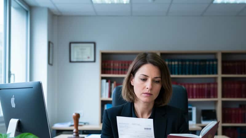 Salarié d'une étude notariale vérifiant son bulletin de salaire face à un document du Code du travail dans un bureau parisien