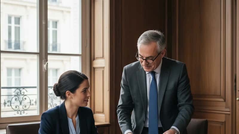 Clerc senior montrant un contrat notarial à une jeune collègue dans une salle de réunion d'une étude notariale parisienne aux murs lambrissés