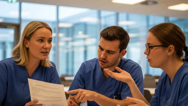 Tre yngre danske læger diskuterer overenskomstrettigheder ved kantinebord på Aarhus Universitetshospital