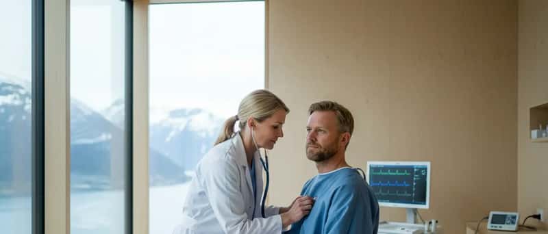 Kardiolog undersøker pasient med stetoskop i moderne norsk klinikk med skandinavisk interiør