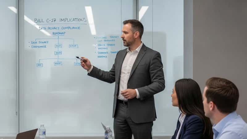 A Canadian compliance professional presenting a privacy management roadmap on a whiteboard to colleagues in a Calgary law office meeting room