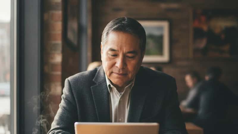An Indigenous Canadian man reviewing CPPA compliance documents on a tablet at a café near Ottawa's parliamentary district