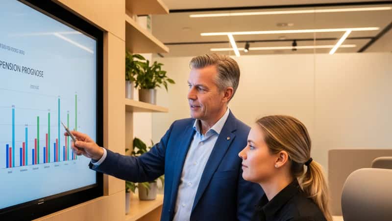 Pensionsrådgiver hos PensionDanmark viser butiksansat hendes pensionsprognose i Odense