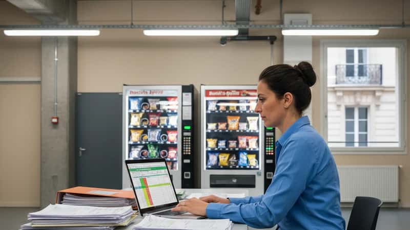 HR administrator reviewing payroll records and wage spreadsheet in factory break room in Youngstown, Ohio