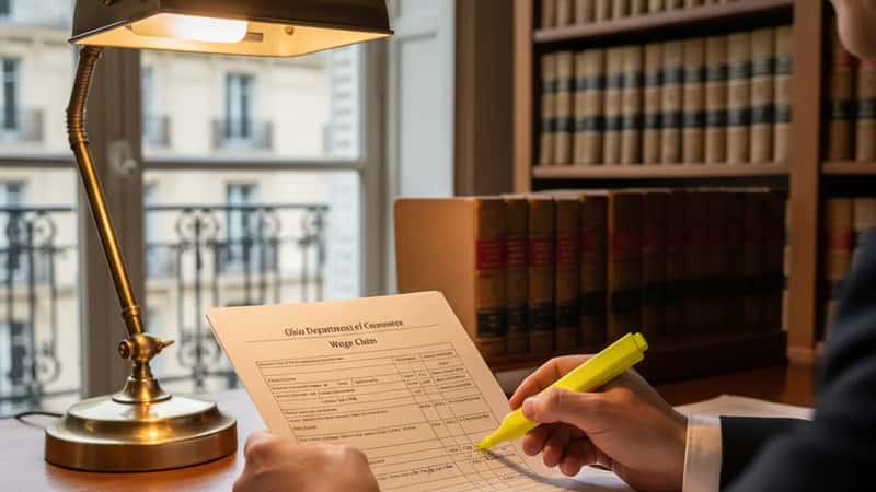 Attorney highlighting Ohio wage claim form at law office desk in Cincinnati, legal code books in background