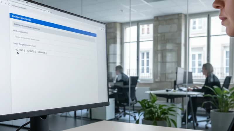 Professionnelle RH française saisissant une fourchette salariale dans un formulaire en ligne, bureau de Strasbourg visible en arrière-plan