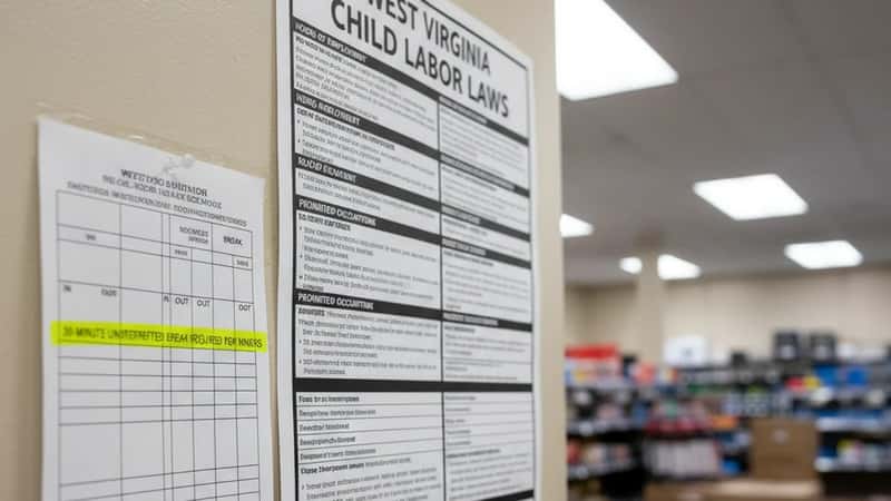 West Virginia labor law minor break requirement poster displayed in a Charleston WV retail stockroom