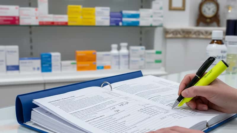 Kollektivavtal öppet på lönetabell vid apoteksdisk med handskrivna anteckningar och markeringspenna i Malmö