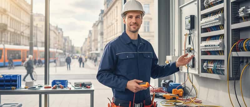 Électricien français travaillant sur un tableau électrique dans un appartement résidentiel moderne
