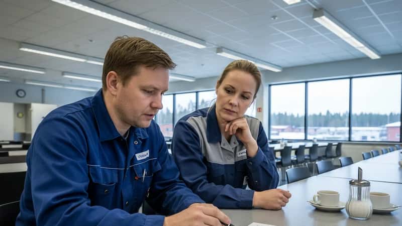 Luottamusmies laskee ylityökorvauksia paperiteollisuuden työtekijälle tehtaan kanttiinissa Jyväskylässä