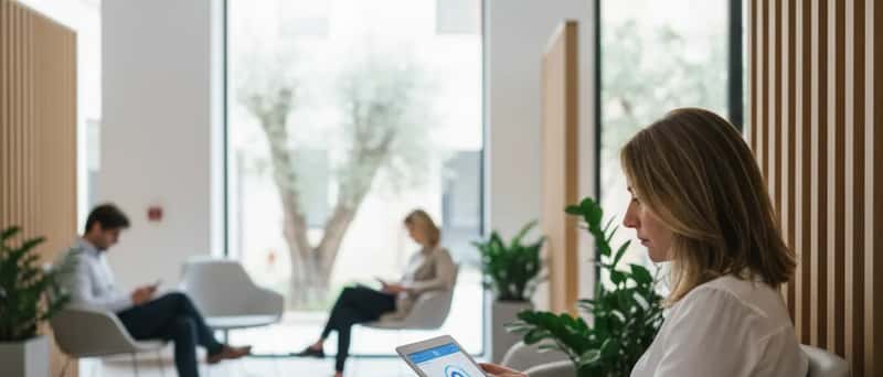 Paziente che consulta il fascicolo sanitario elettronico su un tablet nella sala d'attesa di una clinica italiana