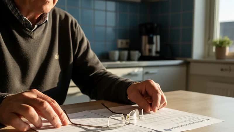 Lagerarbeider i Drammen som holder AFP-kvalifikasjonsdokument og pensjonsoppgave side om side på pauserom