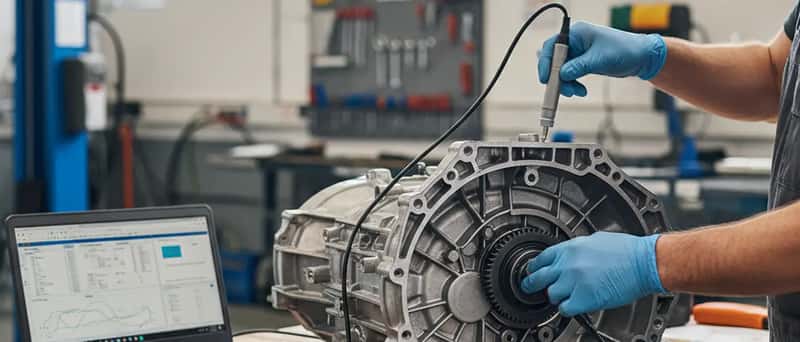 Technician using diagnostic equipment on an exposed transmission unit in a UK garage workshop