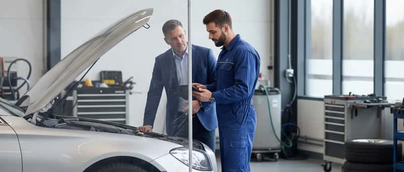 Customer and mechanic discussing a repair estimate beside a car in a modern British workshop