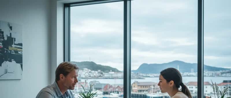 Norsk arbeidsgiver som diskuterer pensjonsordning med en ansatt over et kontorbord i Stavanger