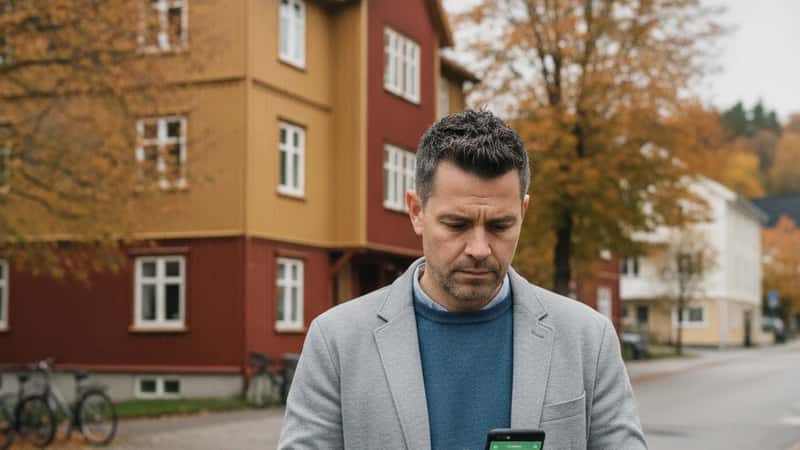 Norsk mann utenfor et boligkompleks i Trondheim som ser på smarttelefonen sin med tanker om leietakerrettigheter