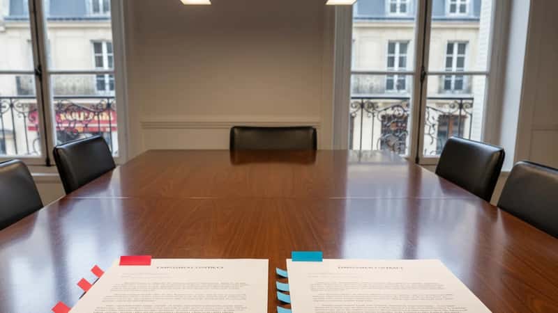 Two employment contracts side by side on a conference table in a Tuscaloosa Alabama law firm marked with colored tabs for comparison