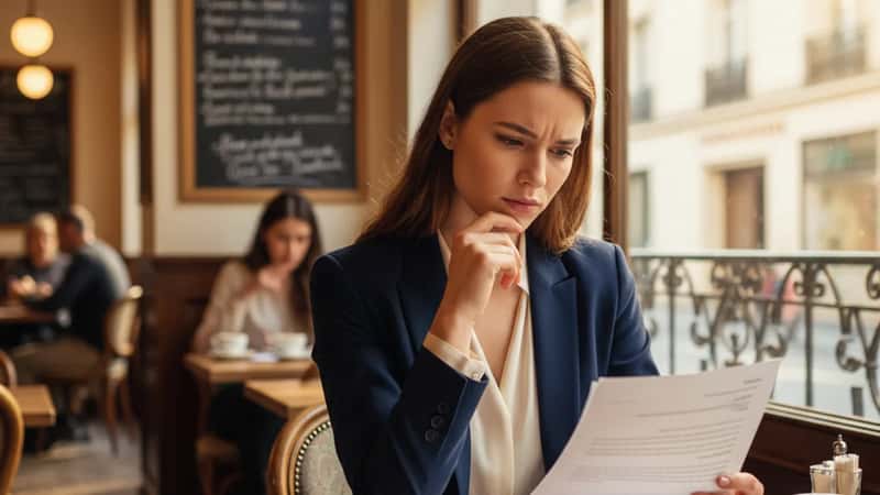 Young professional woman in business casual carefully reading a contract at a coffee shop in Huntsville Alabama, warm morning light