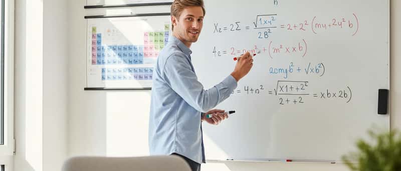 Nachhilfelehrer erklärt Matheaufgaben an einem Whiteboard in einem hellen Lernraum