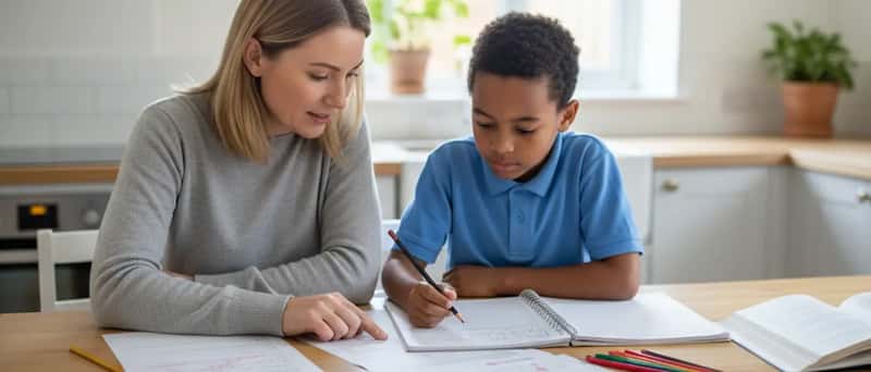 Parent and child reviewing school maths homework and report papers at a kitchen table