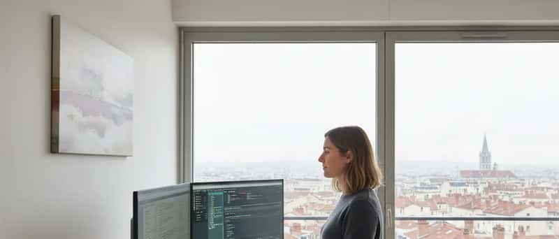 Consultante IT freelance travaillant sur des tableaux de bord infrastructure depuis son bureau à domicile