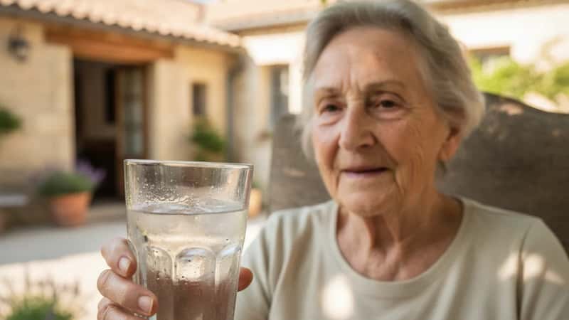 Verre d'eau fraîche tendu à une femme âgée française dans un jardin ombragé, geste simple contre la déshydratation