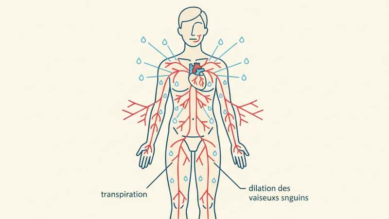 Illustration médicale de la thermorégulation humaine — dissipation de la chaleur par transpiration et vasodilatation cutanée