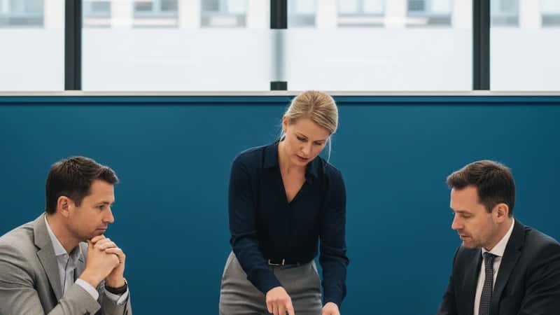 Tre svenska arbetsmarknadsparter – facklig representant, HR-chef och bemanningsföretagschef – granskar kollektivavtalet gemensamt vid ett konferensbord i Malmö